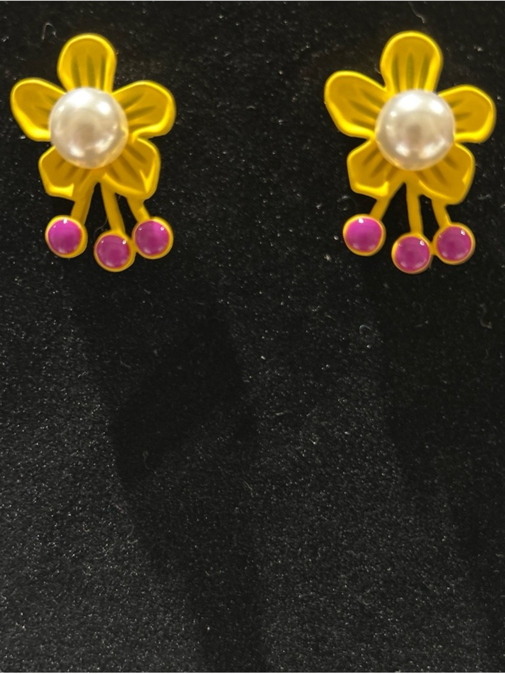 Yellow Flower stud Earrings with Pink Accents and faux Pearl Center